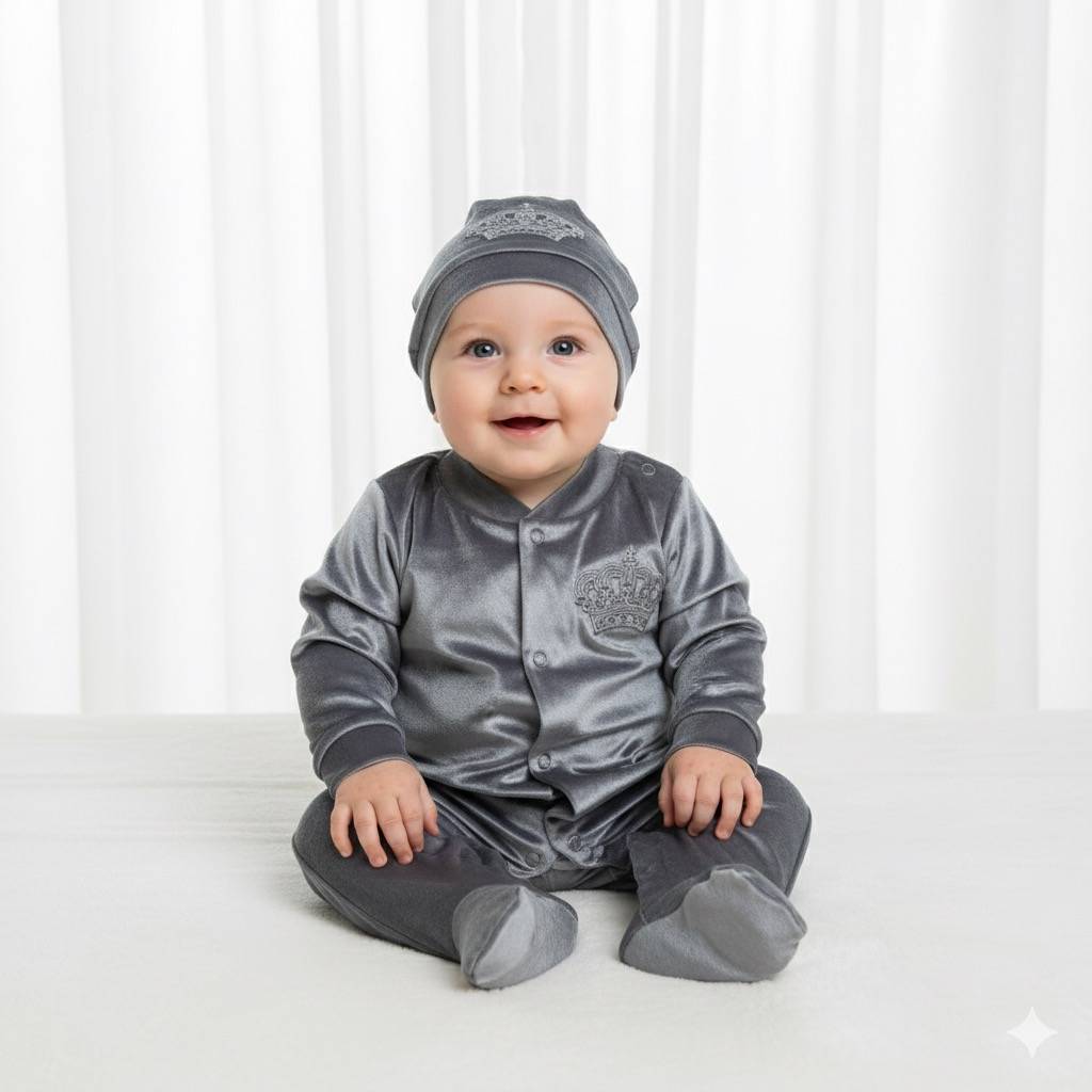 Elegant Grey Velvet Crown Romper Set