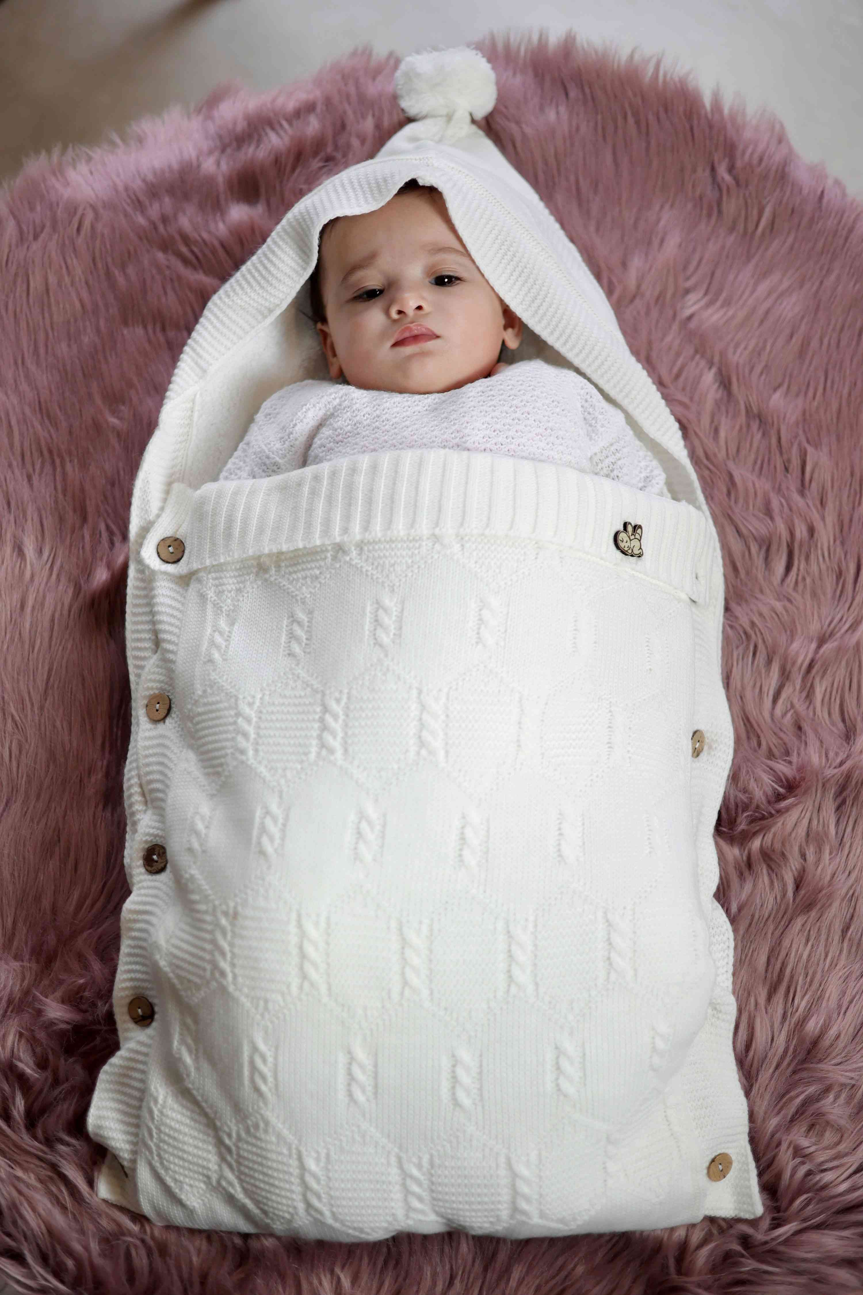 CozyNest Knitted Baby Swaddle with Fur Hood