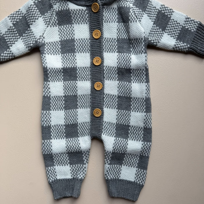 Cozy Check Knit Hooded Romper