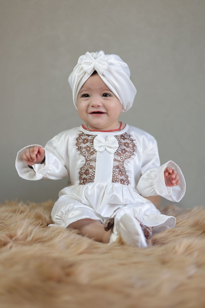 White Dove Satin Romper and Turban Set