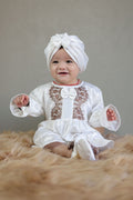 White Dove Satin Romper and Turban Set