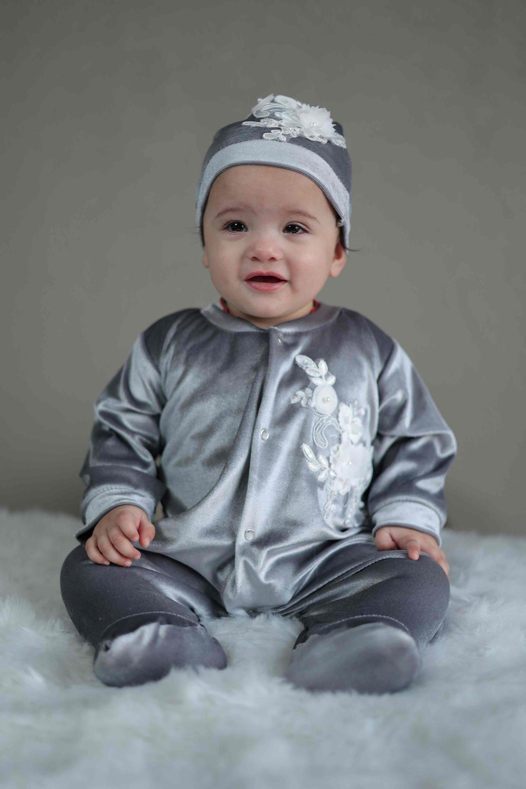 Silver Blossom Velvet Baby Set