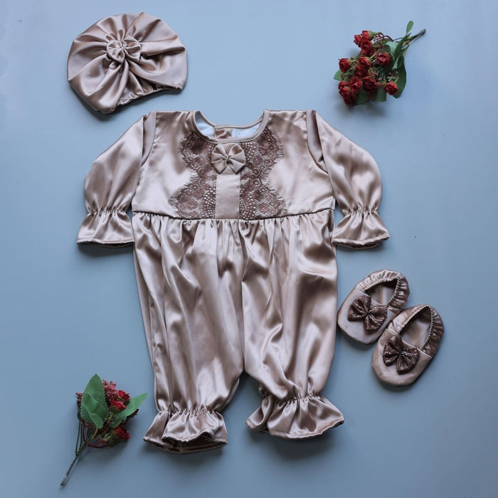 Little Luxe Gold Satin Romper and Turban Set