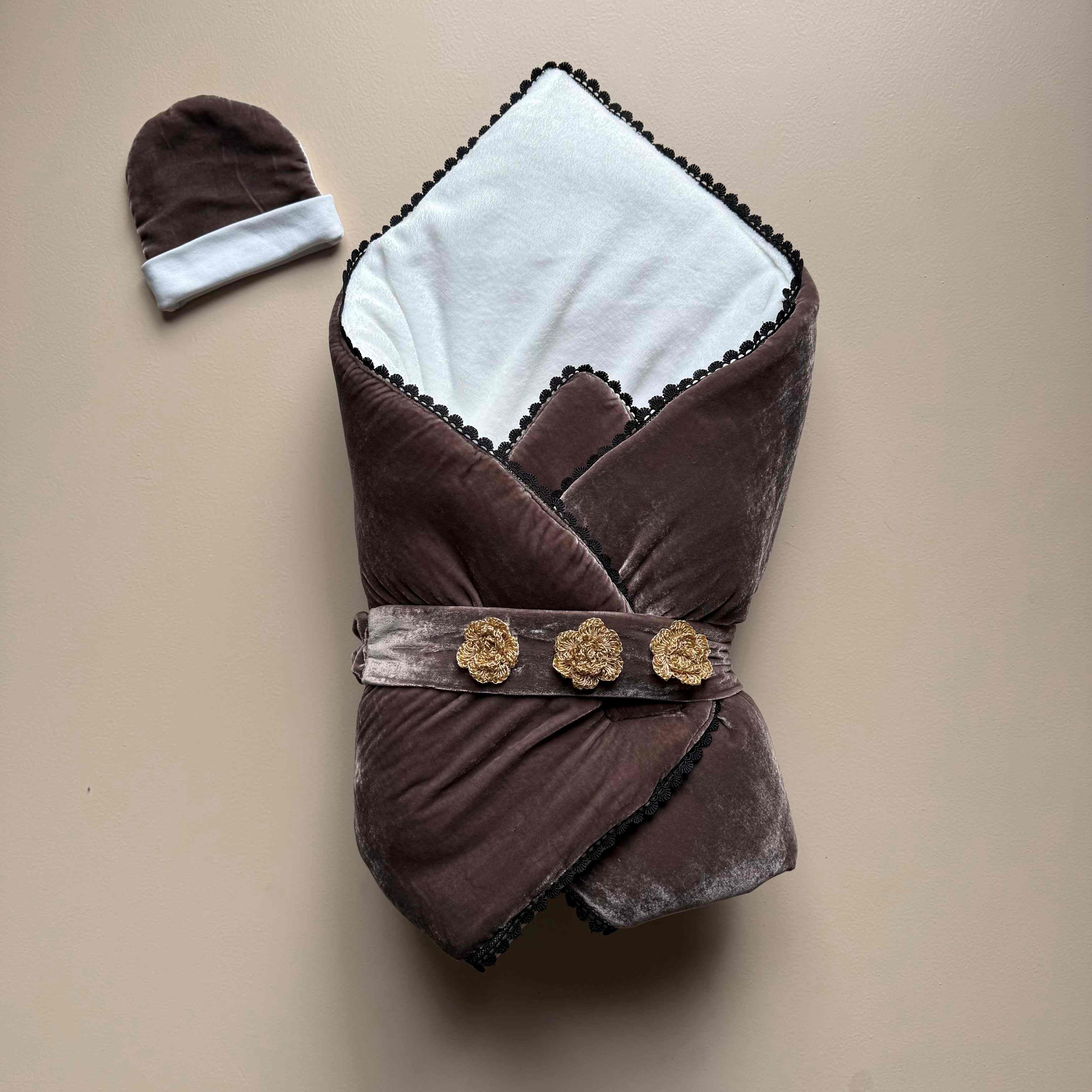 Mocha Velvet Bloom Baby Drape Set