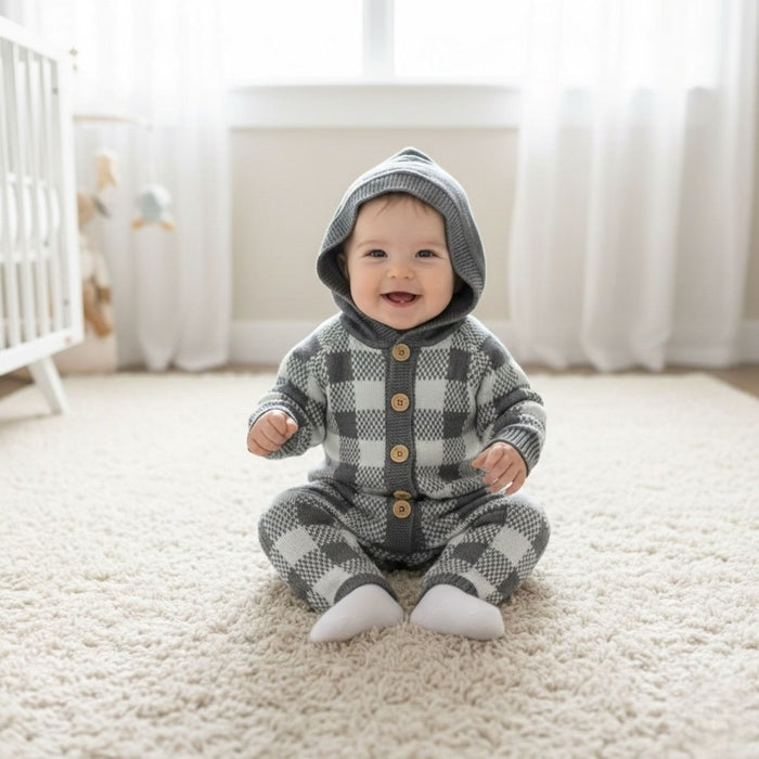 Cozy Check Knit Hooded Romper